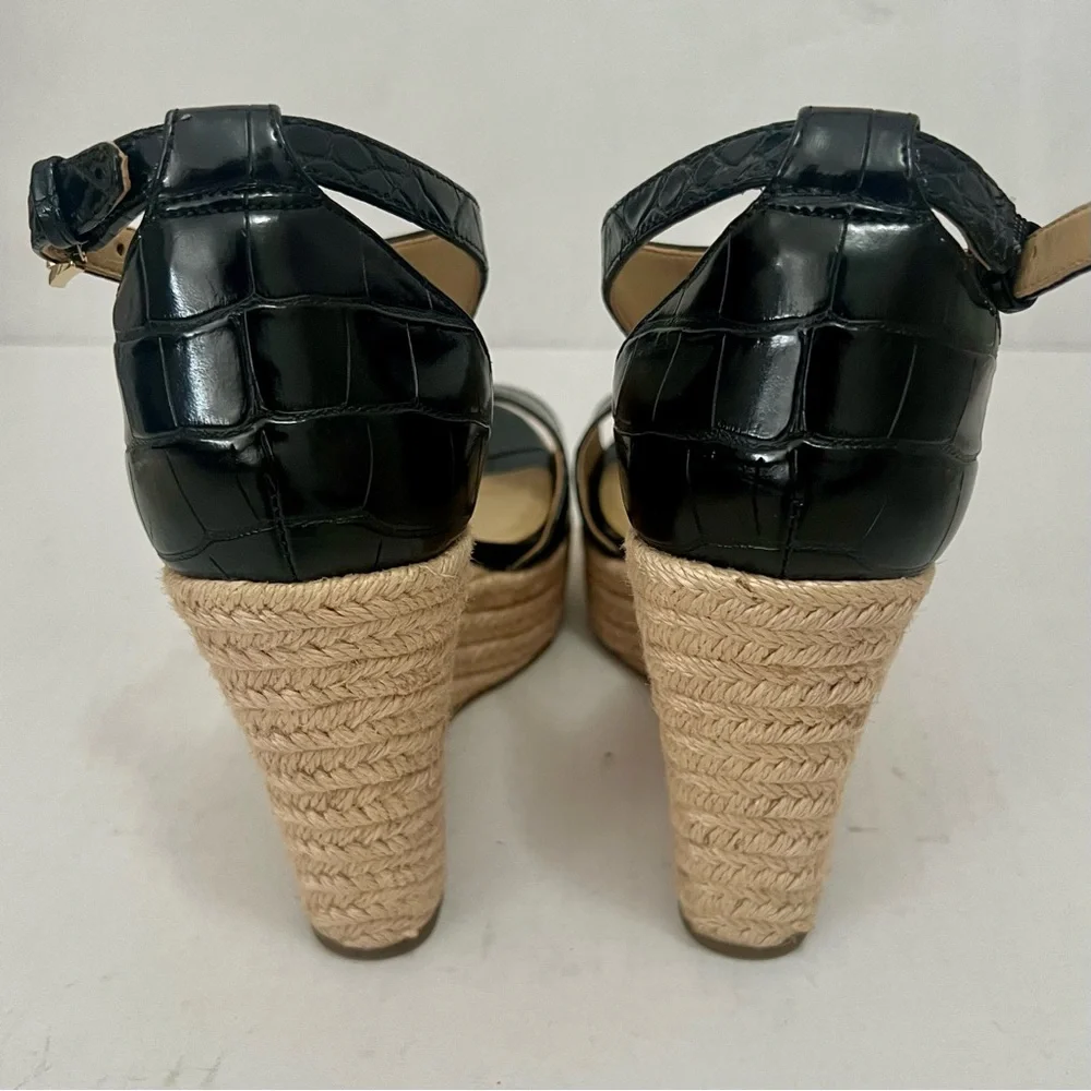 Michael Kors Fanning Espadrille Wedge Shoes Women’s Sz 8 Black Faux Leather Jute